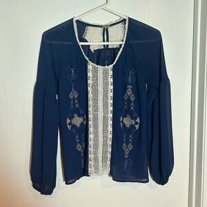 Gimmicks by BKE Navy Blue Crochet Trim Boho Blouse Long Sleeve Sheer